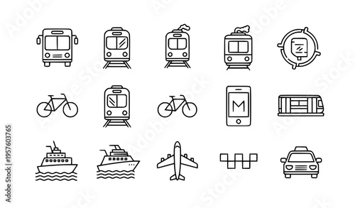 Flat public transport vector icon set line editable isolated on white bus, train, tram, metro, bicycle, ferry, airplane, taxi
