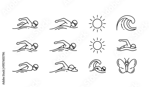 Athletic swim vector icon set with sun and waves isolated on white for swimming, sports, and fitness