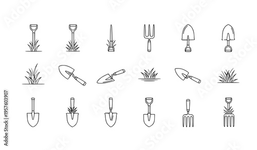 Minimal shovel logo and gardening tool vector icon set with grass isolated on white for landscaping and farming