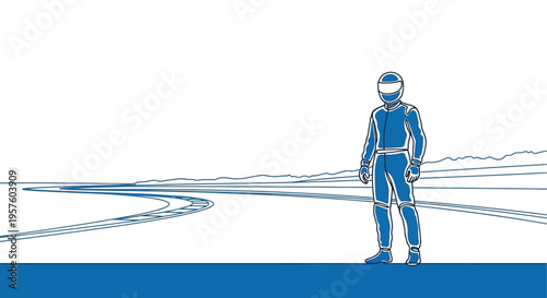 A lone racing driver stands on a track looking forward with determination and focus high quality