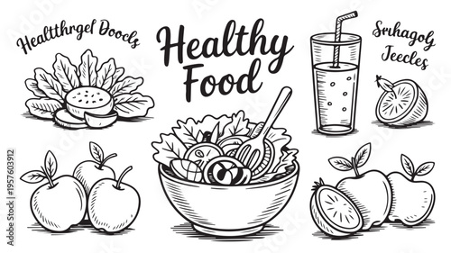 Colorful healthy food illustration with fresh fruits and salad in line art style for nutrition and wellness branding