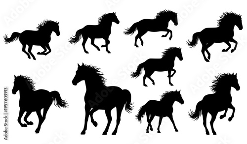 Running horse silhouette vector set black equestrian animal clipart isolated on white for logo and decoration