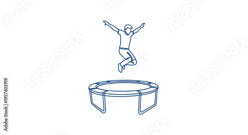 A blue line drawing depicts a person joyfully jumping on a circular trampoline high quality professional