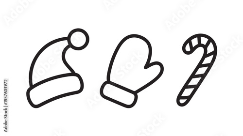 Christmas icons line art Santa hat mitten candy cane in minimalist black and white illustration for holiday greeting cards