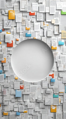 Closeup of a white circle surrounded by colorful cubes on a gray background.
