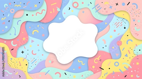 Pastel abstract Memphis style background with playful flowing shapes and blank central frame, colorful retro design ideal for posters, invitations, social media graphics and branding layouts