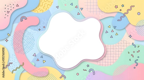 Pastel Memphis style abstract background with playful geometric shapes and central blank frame, modern retro design ideal for posters, invitations, branding, social media and creative layouts