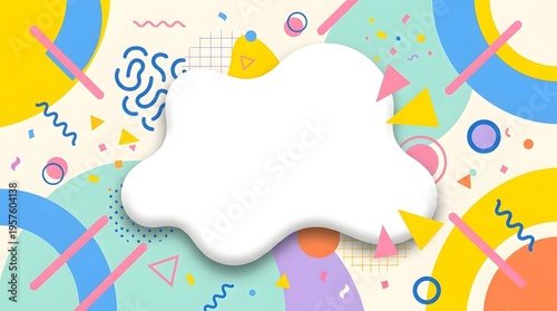 Playful colorful abstract background with geometric shapes and blank central frame, modern creative design ideal for posters, invitations, banners, social media graphics and fun layouts