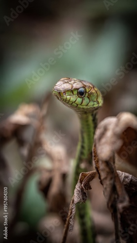 Close-up of a Vibrant Green Snake Amongst Dry Leaves in Natural Habitat, Capturing Intricate Patterns and Texture