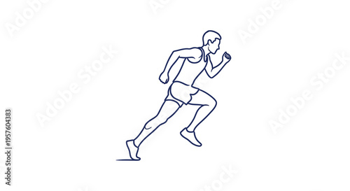 A simple line drawing depicts a male athlete in mid stride actively running forward high quality professional