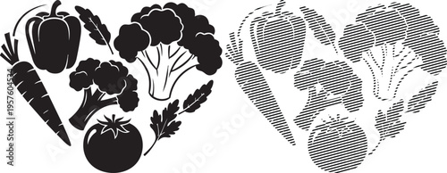 Black and white illustration of heart-shaped vegetable clusters symbolizing health and nutrition