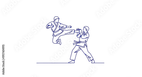 A minimalist line drawing depicts two martial artists engaged in a dynamic karate fight scene