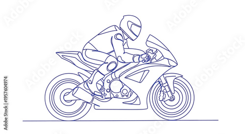 A minimalist blue line drawing depicts a motorcyclist leaning into a turn high quality professional detailed