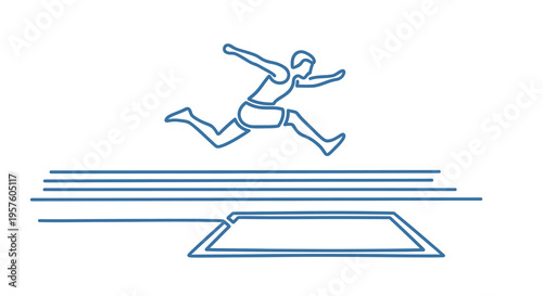 A simple line drawing depicts a runner in mid jump over hurdles on a track high quality
