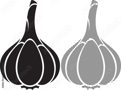 Contrasting visual styles of a garlic bulb depicted through black and white cross-hatching techniques