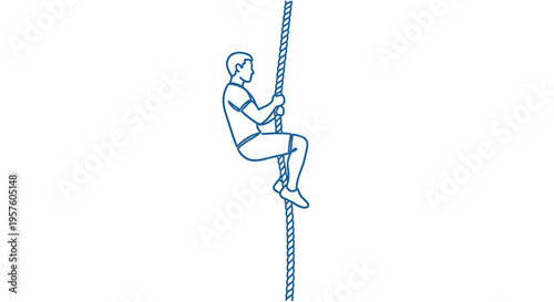 A simple blue line drawing depicts a person climbing a thick rope vertically high quality professional