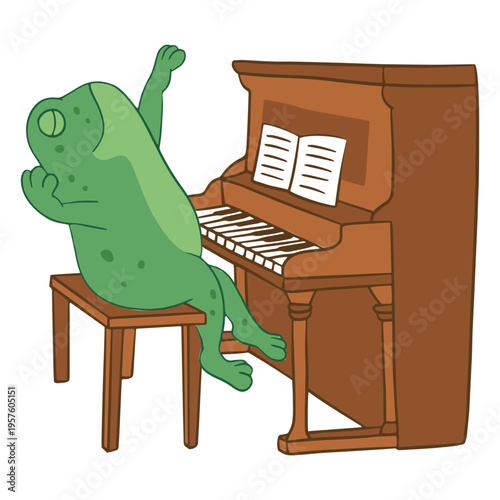 Green frog performing with piano