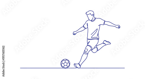 A continuous line drawing depicts a soccer player kicking a ball during a game high quality