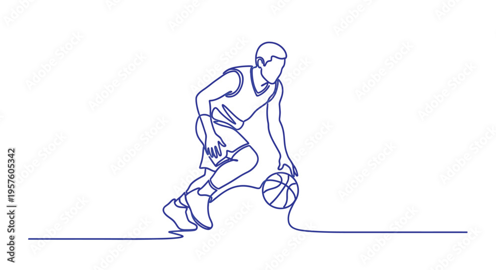 Obraz premium A continuous line drawing depicts a basketball player dribbling with intense focus high quality professional detailed