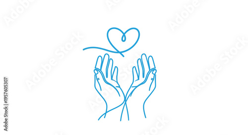 A minimalist illustration depicts two hands cradling a heart shaped line drawing high quality professional detailed modern