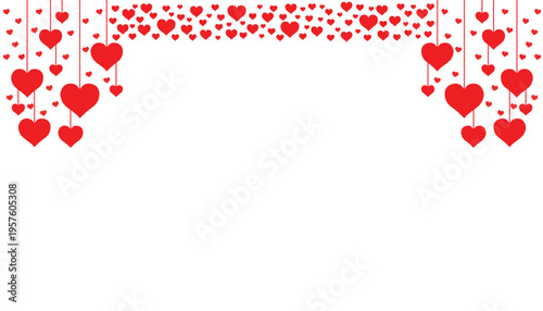 Red heart decorations hanging from the top on for valentines day