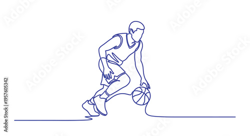 A continuous line drawing depicts a basketball player dribbling with intense focus high quality professional detailed