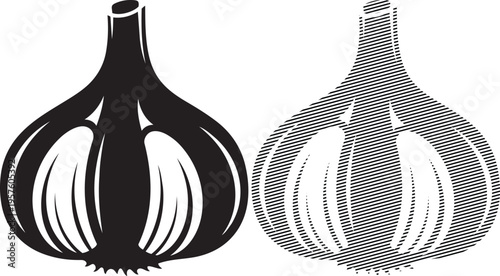 Comparison of traditional and cross-hatched garlic bulb illustrations with distinct textures.