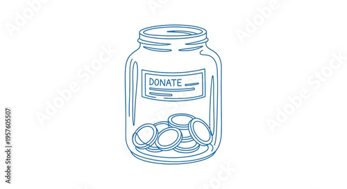 A simple line drawing depicts a glass jar filled with coins and a donation label