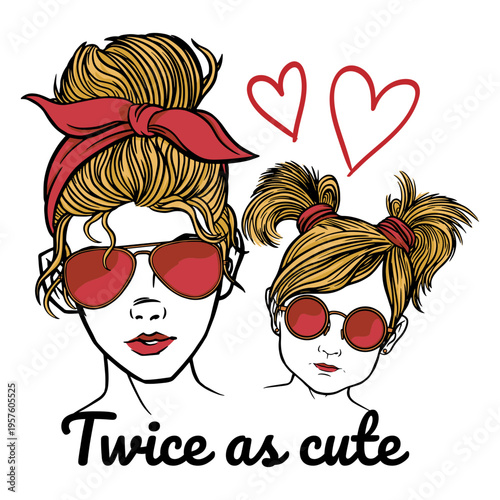 Mother and daughter with sunglasses and hearts