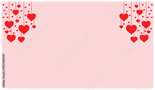 Valentines day background with hanging red hearts on pink