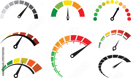 Dashboard speedometer icons set. Tachometer icon isolated. Performance indicator sign. Car speed. Fast internet speed sign. Stock flat vector elements.