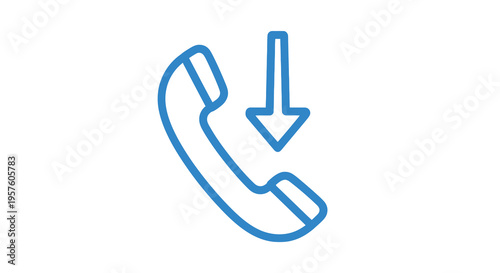 A simple blue line icon of a telephone handset with a downward arrow high quality professional