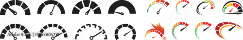 Dashboard speedometer icons set. Tachometer icon isolated. Performance indicator sign. Car speed. Fast internet speed sign. Stock flat vector elements.