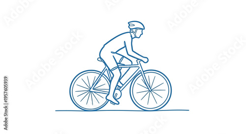 Simple blue line drawing of a cyclist riding a bicycle in profile view high quality professional