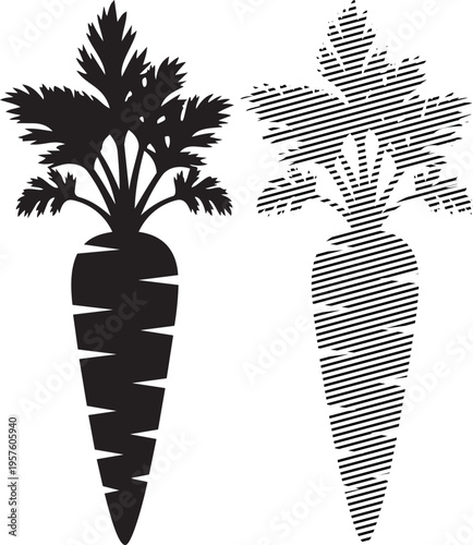 Contrasting visual styles of a carrot with its foliage depicted in black and white patterns