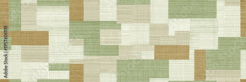 Patchwork geometric pattern creating a seamless textured background. Seamless collage of muted sage and khaki rectangular shapes with woven fabric texture