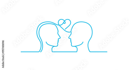 A minimalist line art illustration depicts a couple facing each other with a heart above