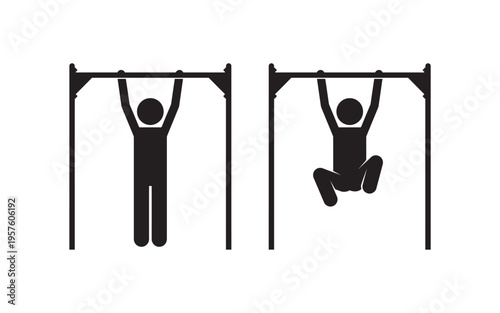 Calisthenics Silhouette Icon Set of Man Performing Pull Up and Hanging Knee Raise on Horizontal Bar Exercise Station