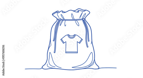 A simple blue line drawing depicts a sack bag containing a folded t shirt high quality professional