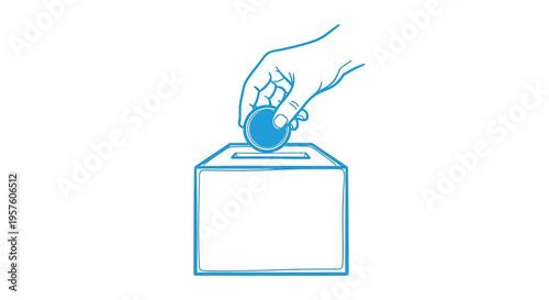 A simple blue line drawing depicts a hand inserting a coin into a donation box