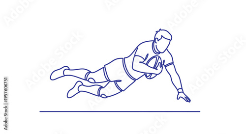 A blue line drawing depicts a rugby player diving to score a try high quality professional