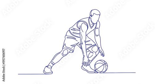 A dynamic single line drawing depicts a basketball player dribbling with intense focus high quality professional detailed