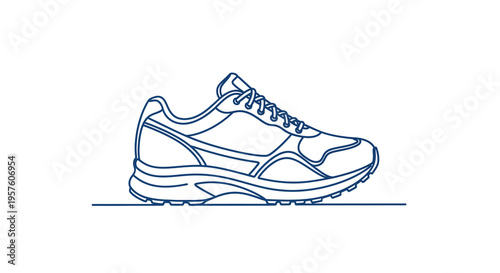 A simple line drawing depicts a single blue athletic shoe in profile view high quality professional