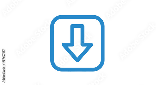 A simple blue icon depicting a downward pointing arrow enclosed within a rounded square frame high quality