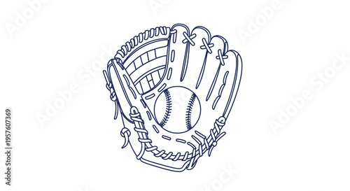 A blue line drawing depicts a baseball glove with a ball nestled inside high quality professional