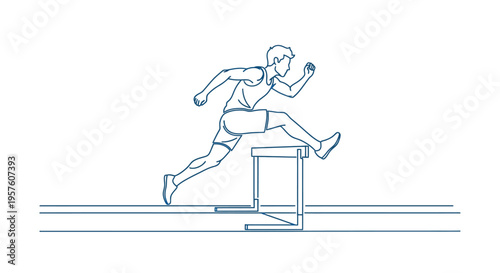 A linear illustration depicts a male athlete dynamically leaping over a hurdle on a track