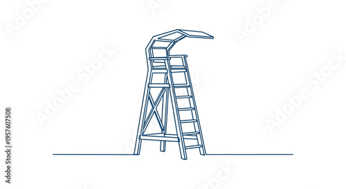 A minimalist line drawing depicts a lifeguard tower on a sandy beach high quality professional detailed