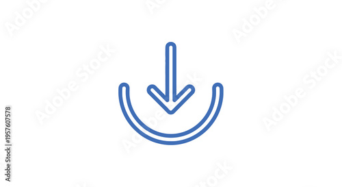 A simple blue line drawing of a downward pointing arrow within a curved shape high quality professional