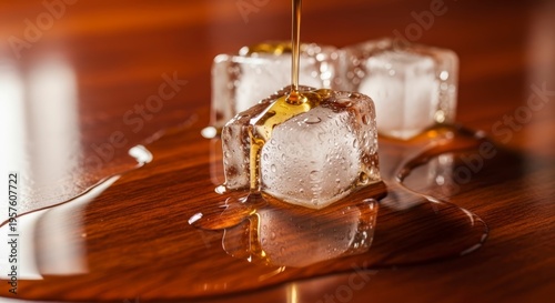 Whiskey pouring on ice cubes table.