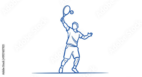 A blue line drawing depicts a tennis player preparing to serve the ball high quality professional